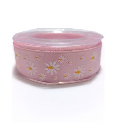 Pink Satin Ribbon with Flowers 25 mm